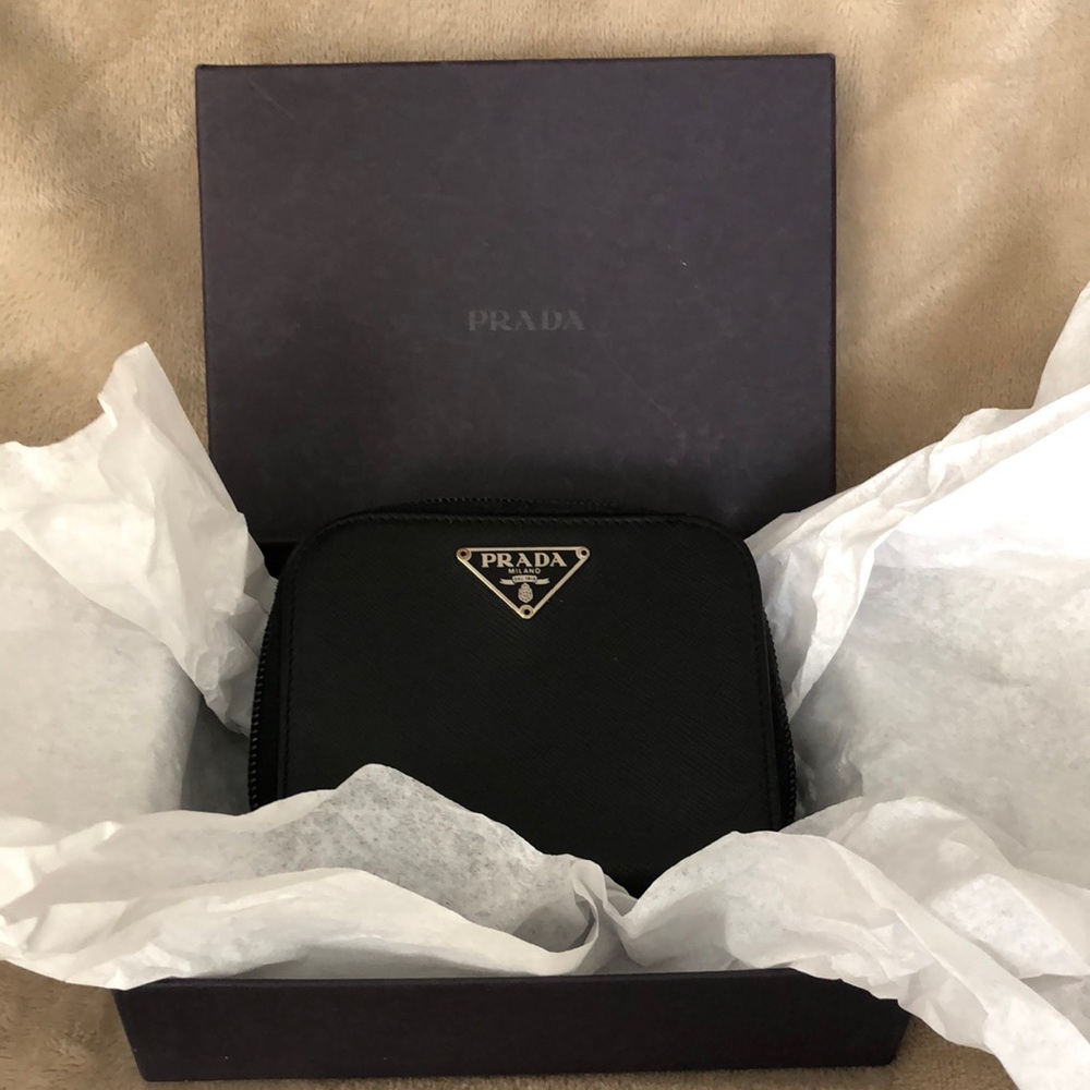 PRADA Saffiano Leather Compact  Wallet with Silver Accents